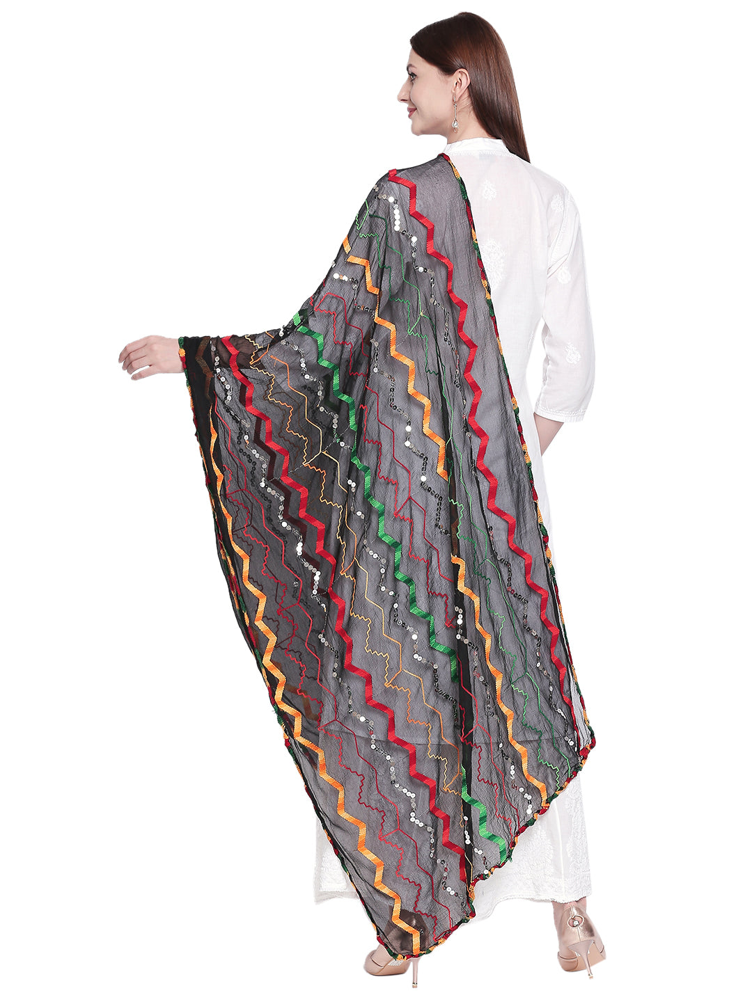 Dupatta Bazaar Woman's Black & Multicoloured Embroidered Chiffon Dupatta - Dupatta Bazaar