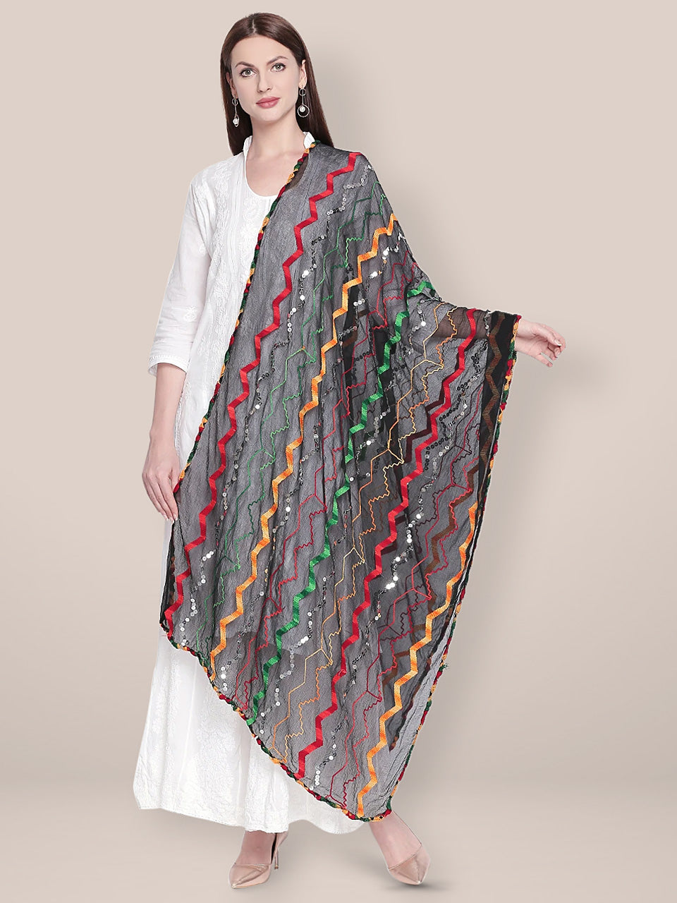 Black & Multicoloured Embroidered Chiffon Dupatta freeshipping - Dupatta Bazaar