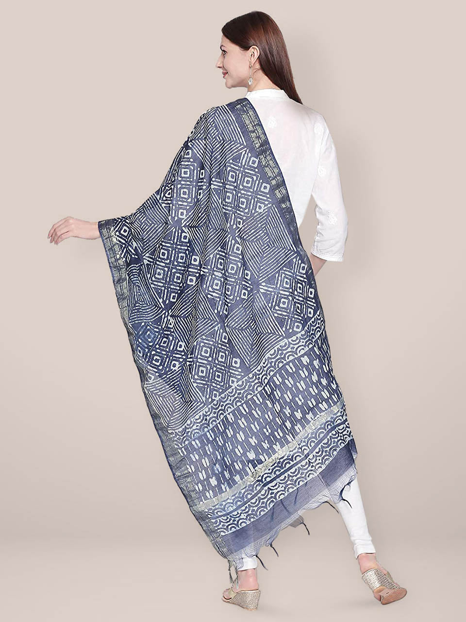 Block Printed Indigo Chanderi Silk Dupatta freeshipping - Dupatta Bazaar