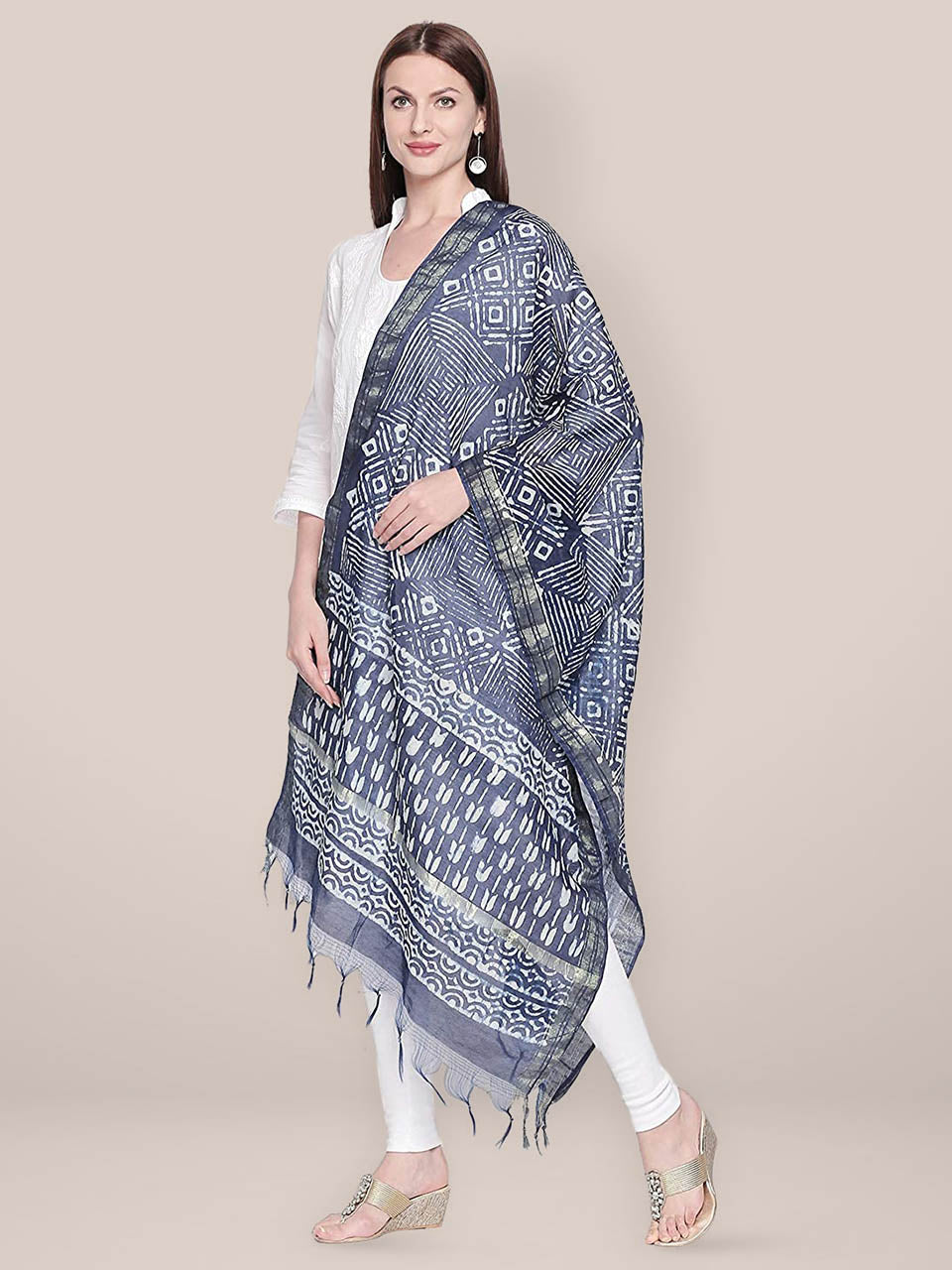 Block Printed Indigo Chanderi Silk Dupatta freeshipping - Dupatta Bazaar
