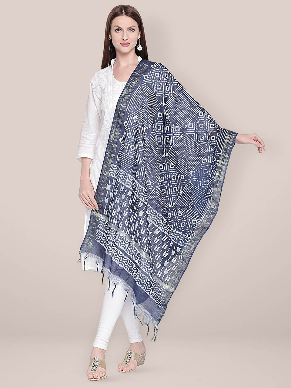 Block Printed Indigo Chanderi Silk Dupatta freeshipping - Dupatta Bazaar