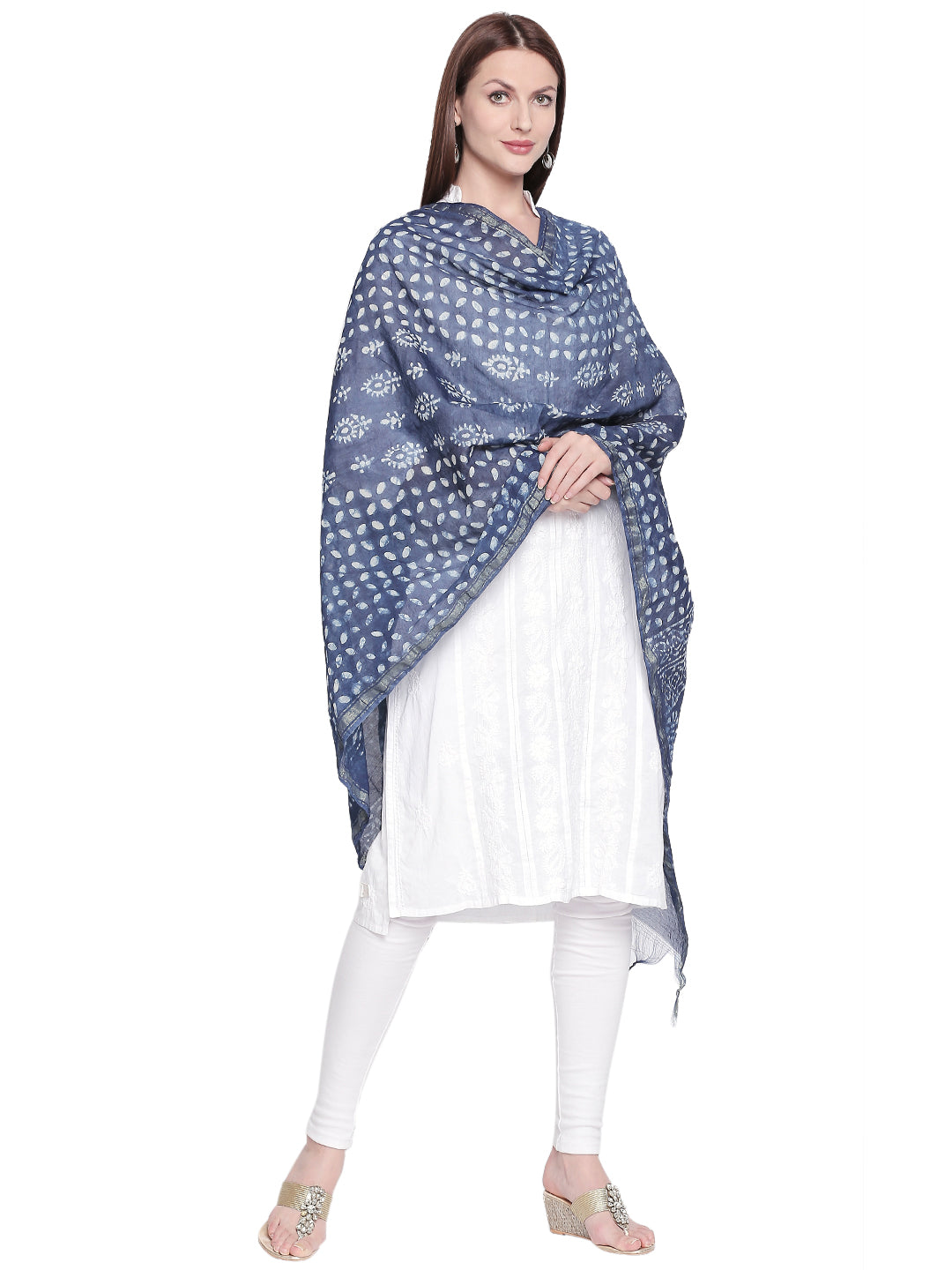 Dupatta Bazaar Woman's Block Printed Indigo Chanderi Silk Dupatta - Dupatta Bazaar