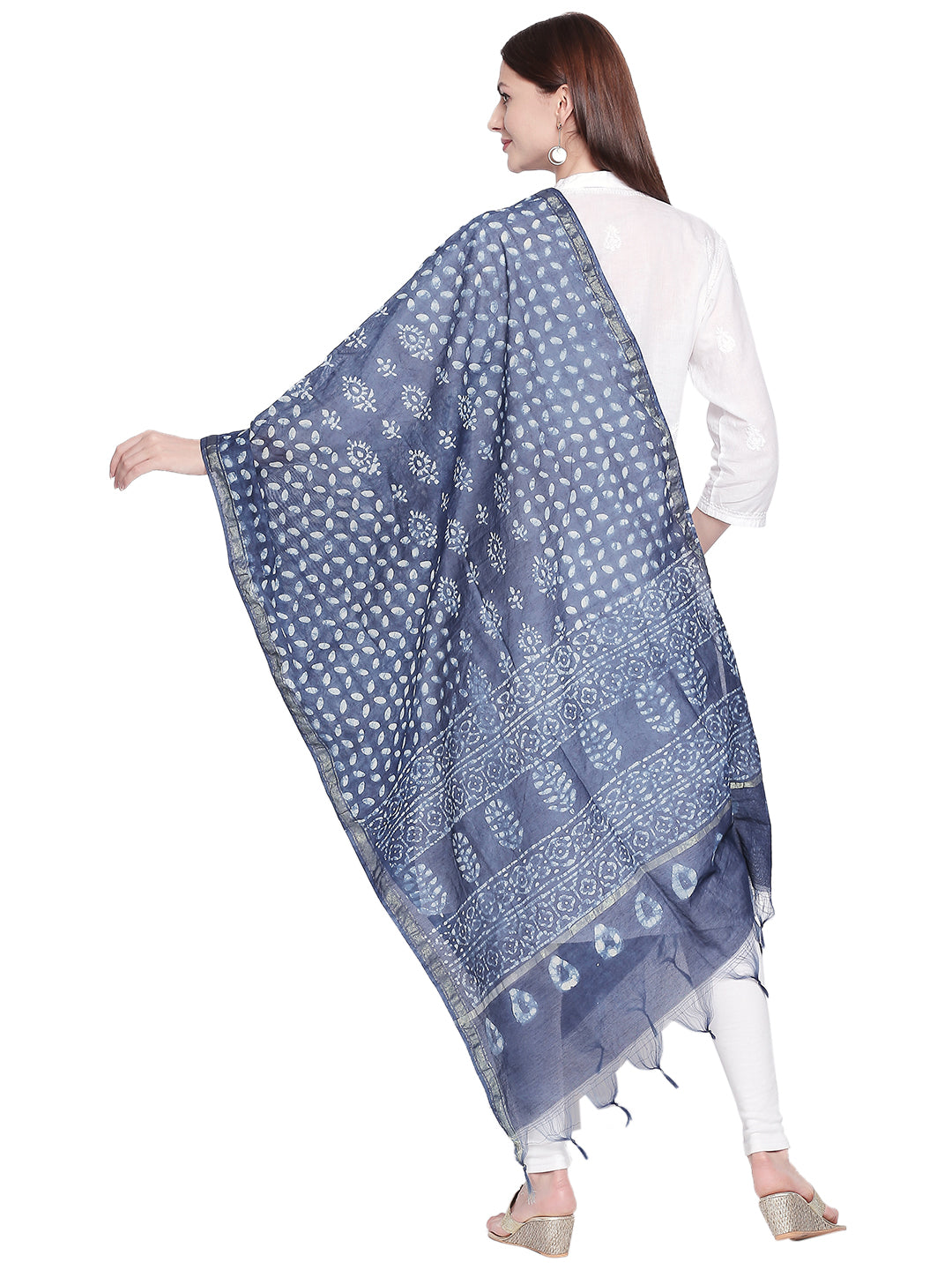 Dupatta Bazaar Woman's Block Printed Indigo Chanderi Silk Dupatta - Dupatta Bazaar