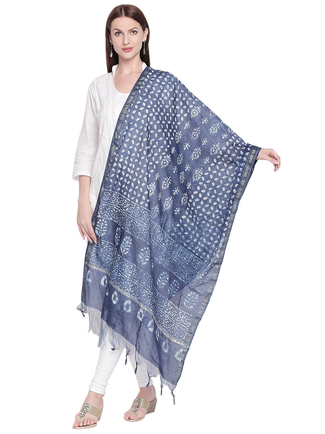 Dupatta Bazaar Woman's Block Printed Indigo Chanderi Silk Dupatta - Dupatta Bazaar