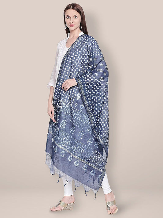 Block Printed Indigo Chanderi Silk Dupatta freeshipping - Dupatta Bazaar