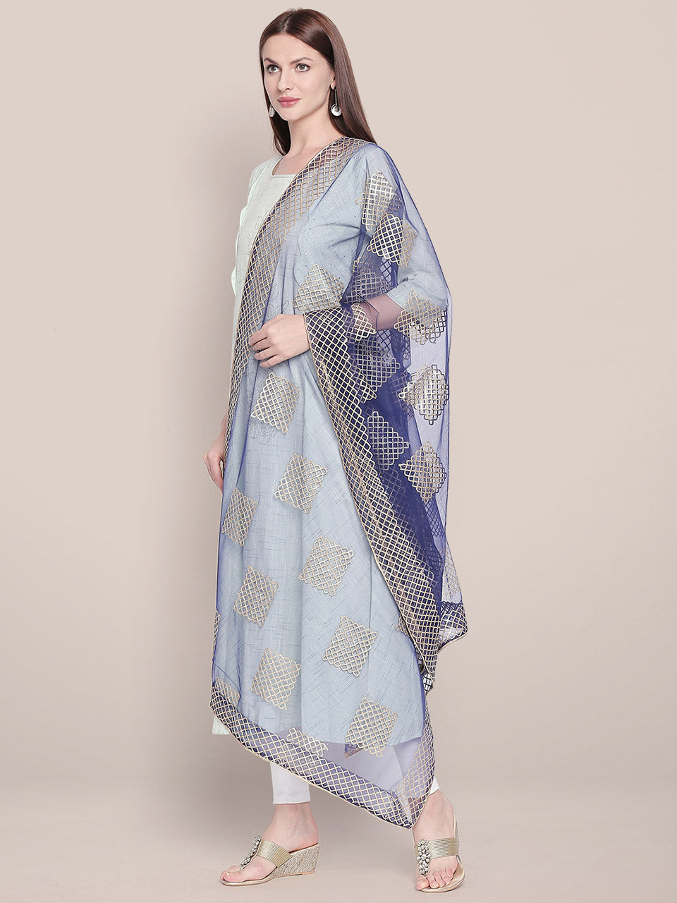 Emroidered Navy Blue Net Gotta Patti Dupatta freeshipping - Dupatta Bazaar