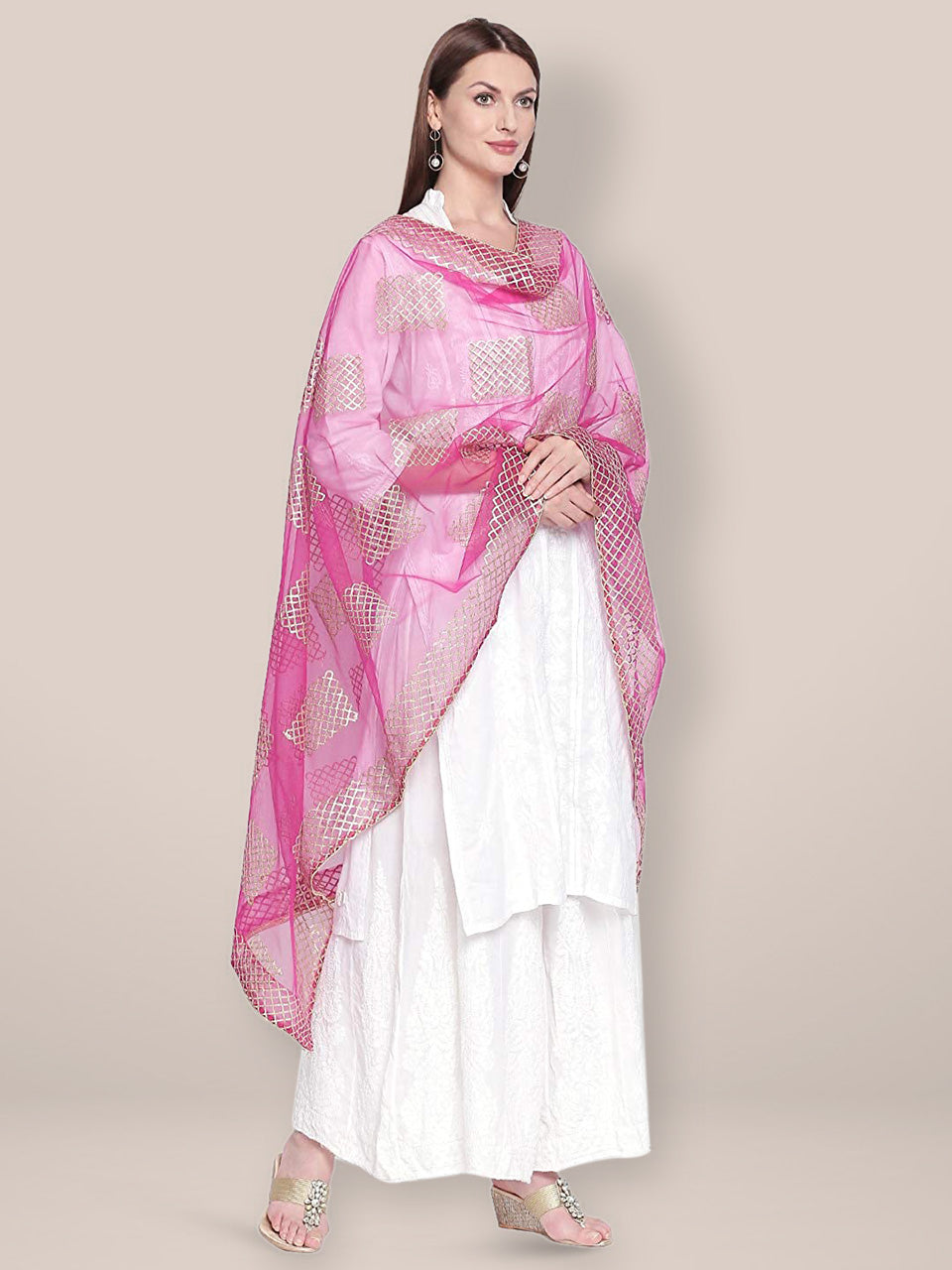 Emroidered Rani Pink Net Gotta Patti Dupatta freeshipping - Dupatta Bazaar