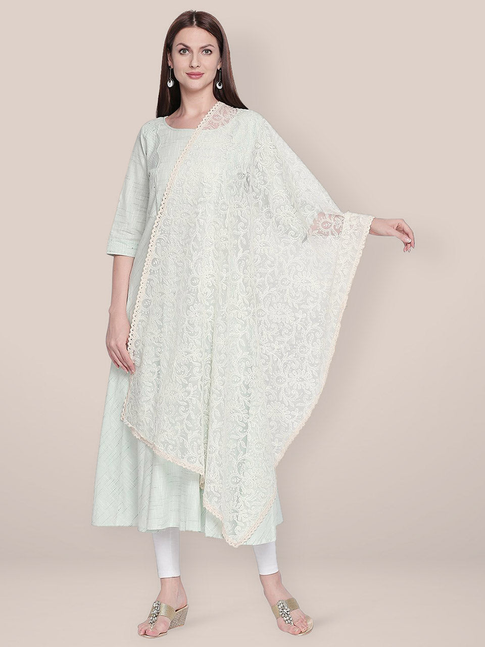 Lucknowi Embroidered Off White Net Dupatta freeshipping - Dupatta Bazaar