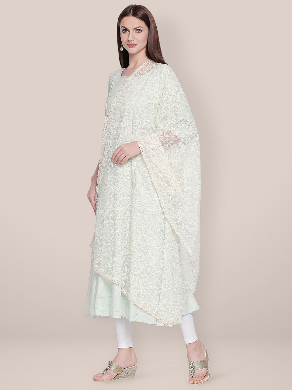Lucknowi Embroidered Off White Net Dupatta freeshipping - Dupatta Bazaar