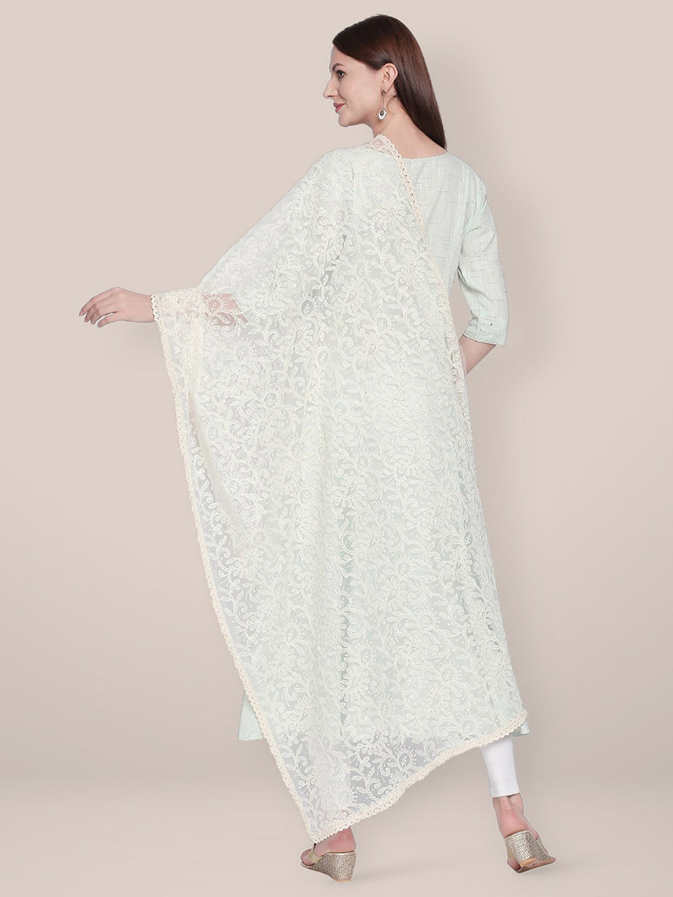 Lucknowi Embroidered Off White Net Dupatta freeshipping - Dupatta Bazaar