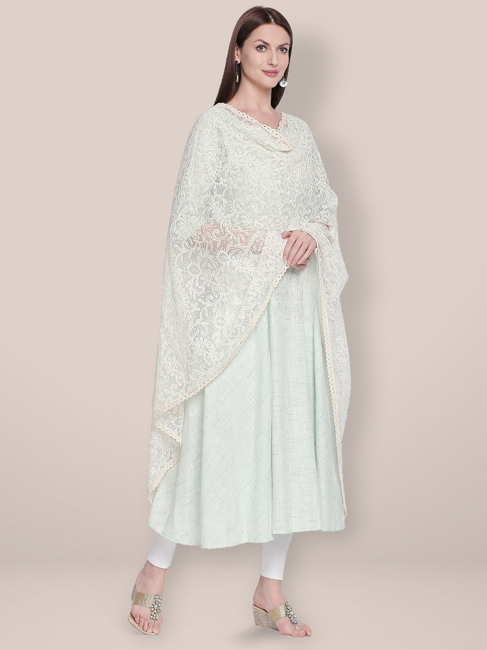 Lucknowi Embroidered Off White Net Dupatta freeshipping - Dupatta Bazaar