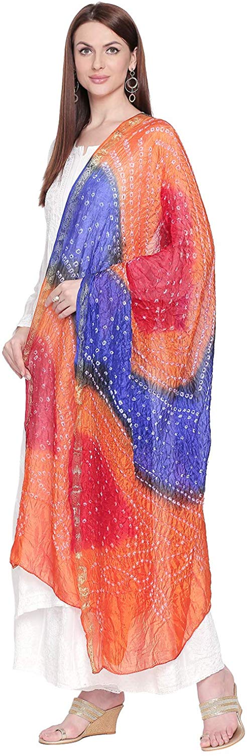 Dupatta Bazaar Woman's Blue & Orange Bandhini Dupatta - Dupatta Bazaar
