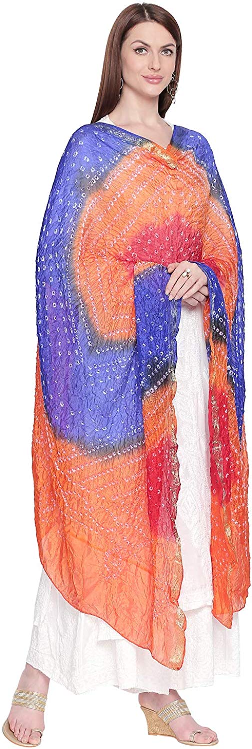 Dupatta Bazaar Woman's Blue & Orange Bandhini Dupatta - Dupatta Bazaar