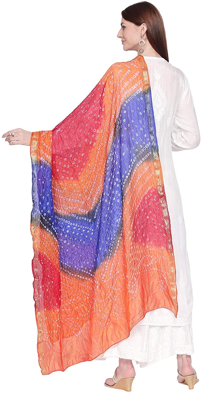 Dupatta Bazaar Woman's Blue & Orange Bandhini Dupatta - Dupatta Bazaar