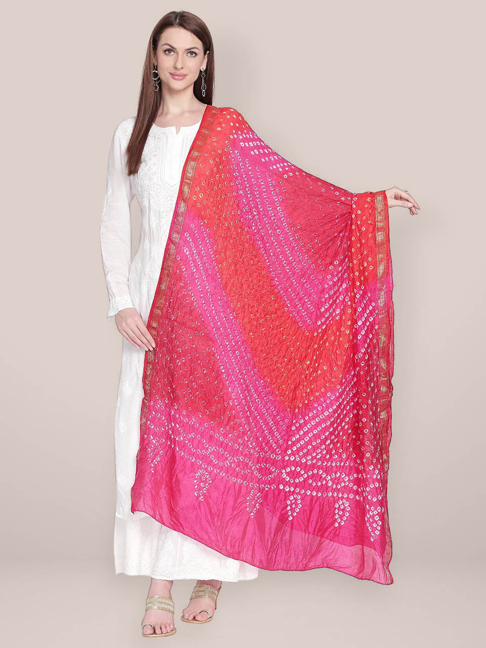 Pink & Red Bandhini Silk Dupatta freeshipping - Dupatta Bazaar