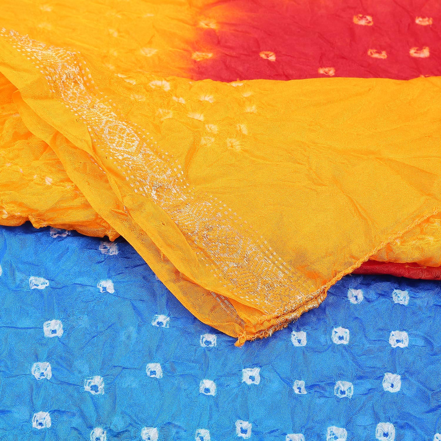 Dupatta Bazaar Woman's Yellow, Blue & Red Bandhini Dupatta - Dupatta Bazaar