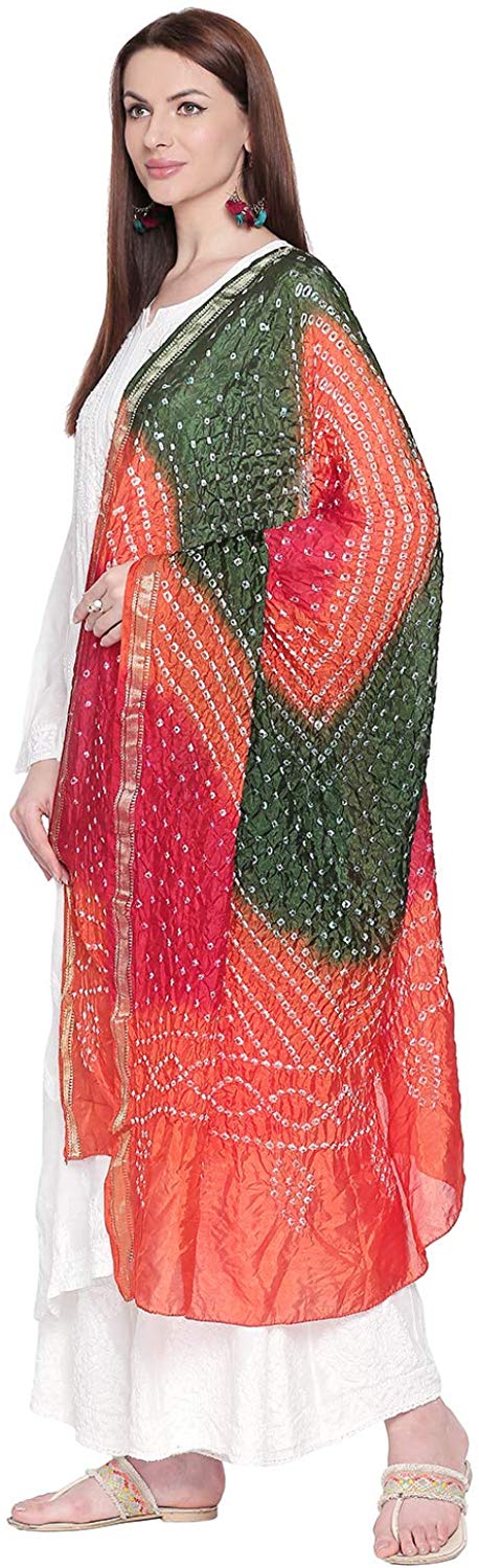 Dupatta Bazaar Woman's Orange, Mehendi Green & Red Bandhini Dupatta - Dupatta Bazaar
