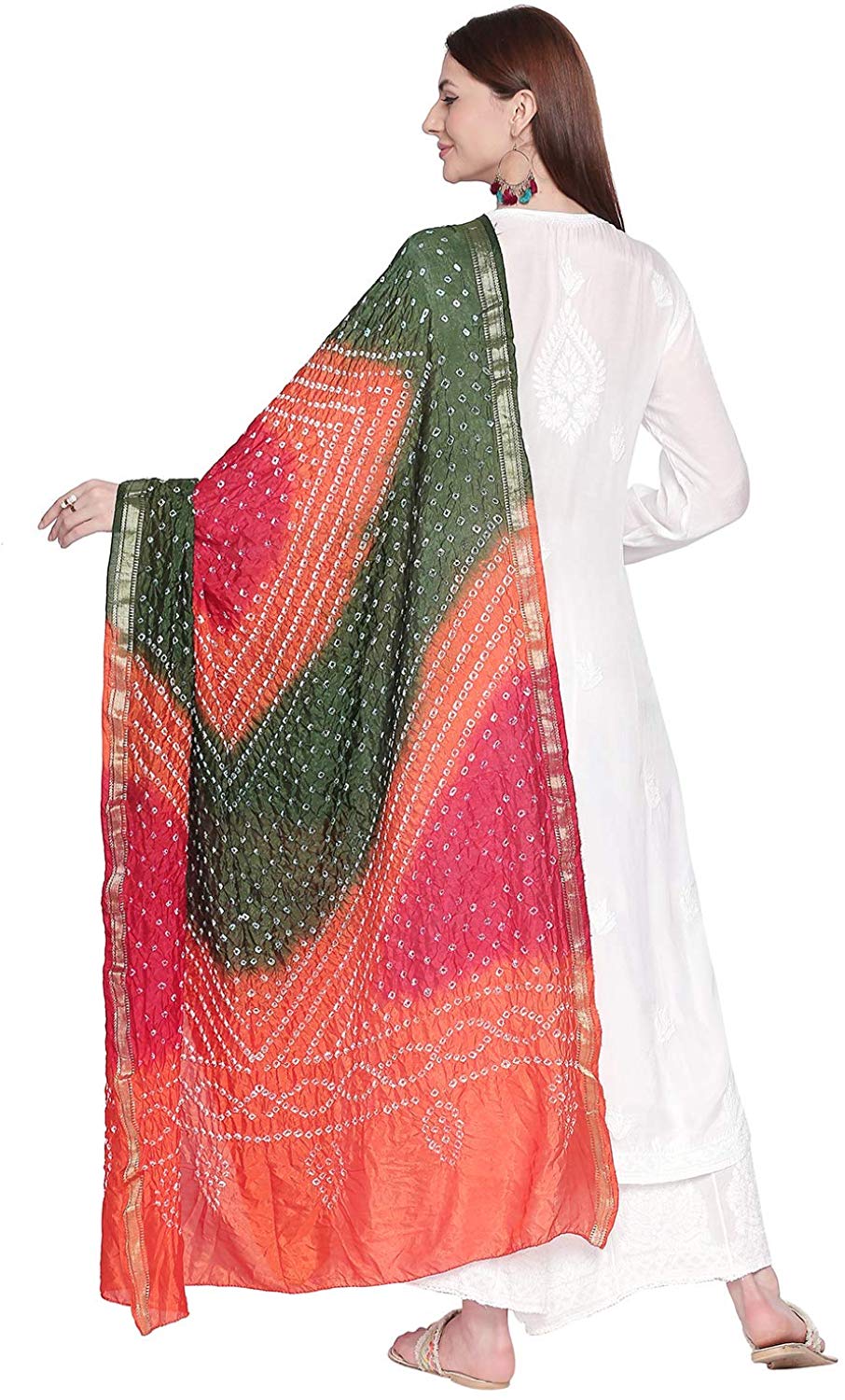 Dupatta Bazaar Woman's Orange, Mehendi Green & Red Bandhini Dupatta - Dupatta Bazaar