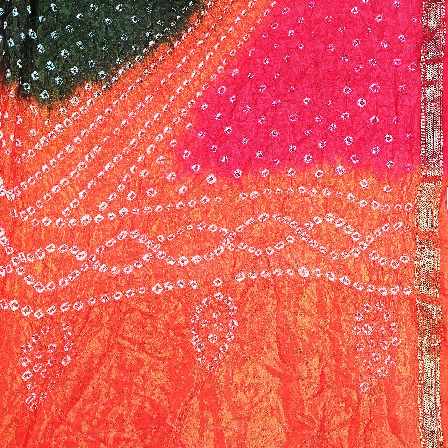 Dupatta Bazaar Woman's Orange, Mehendi Green & Red Bandhini Dupatta - Dupatta Bazaar