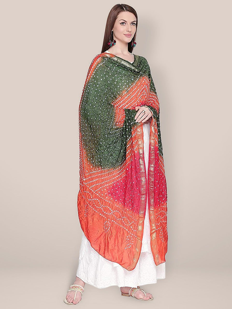 Orange, Mehendi Green & Red Bandhini Dupatta freeshipping - Dupatta Bazaar