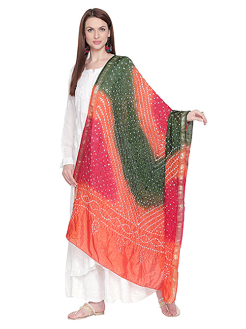 Dupatta Bazaar Woman's Orange, Mehendi Green & Red Bandhini Dupatta - Dupatta Bazaar