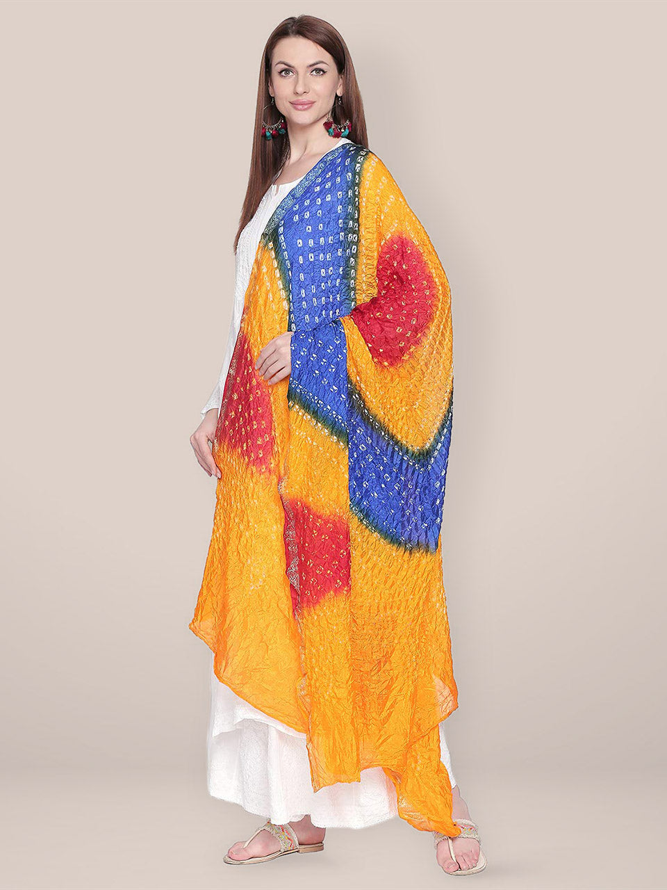 Yellow,Blue & Red Bandhini Dupatta freeshipping - Dupatta Bazaar