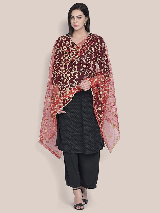 Dupatta Bazaar Woman's Red Embroidered Net Dupatta freeshipping - Dupatta Bazaar
