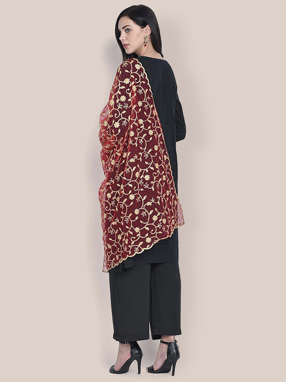 Dupatta Bazaar Woman's Red Embroidered Net Dupatta freeshipping - Dupatta Bazaar