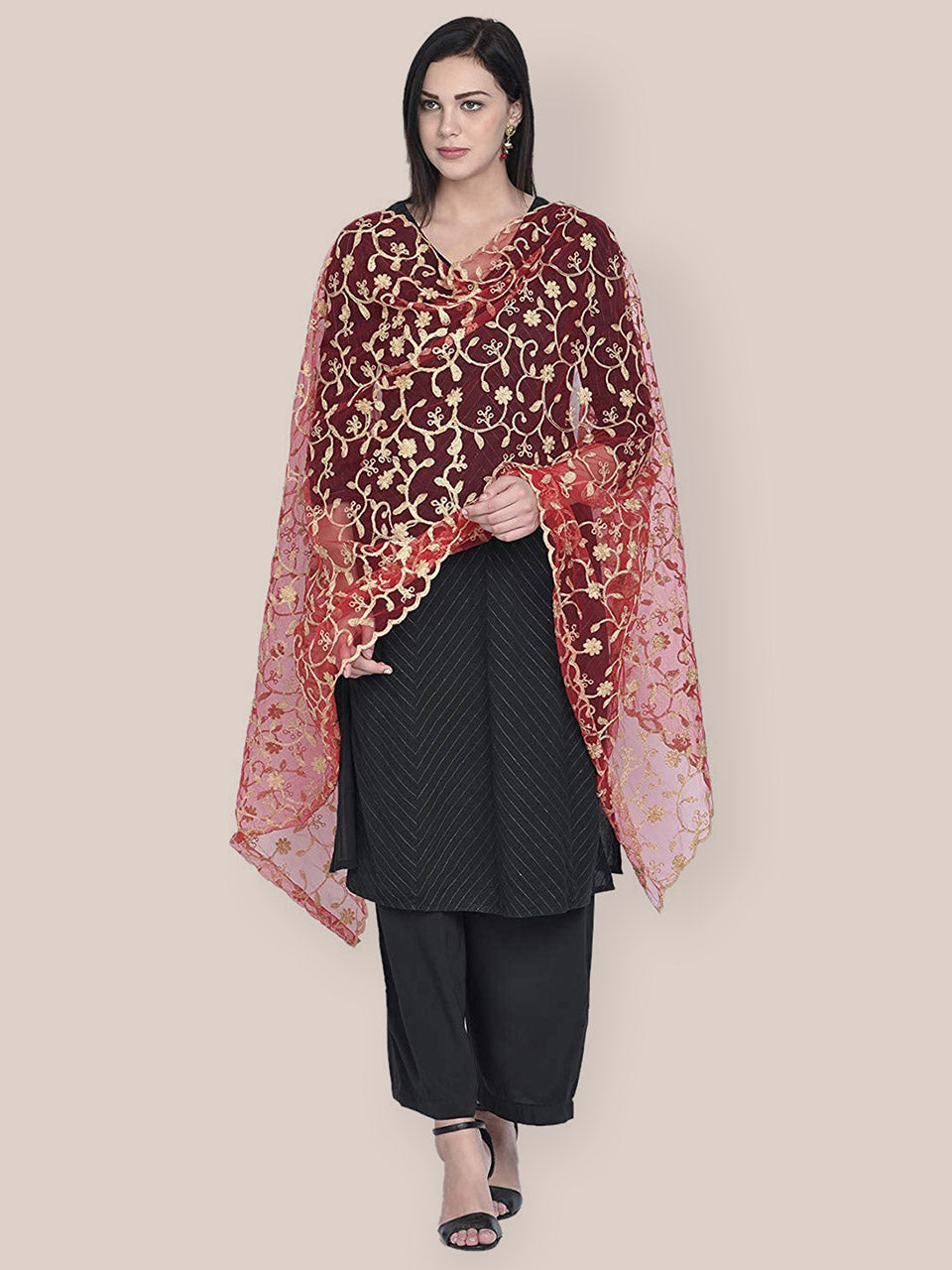 Dupatta Bazaar Woman's Red Embroidered Net Dupatta freeshipping - Dupatta Bazaar