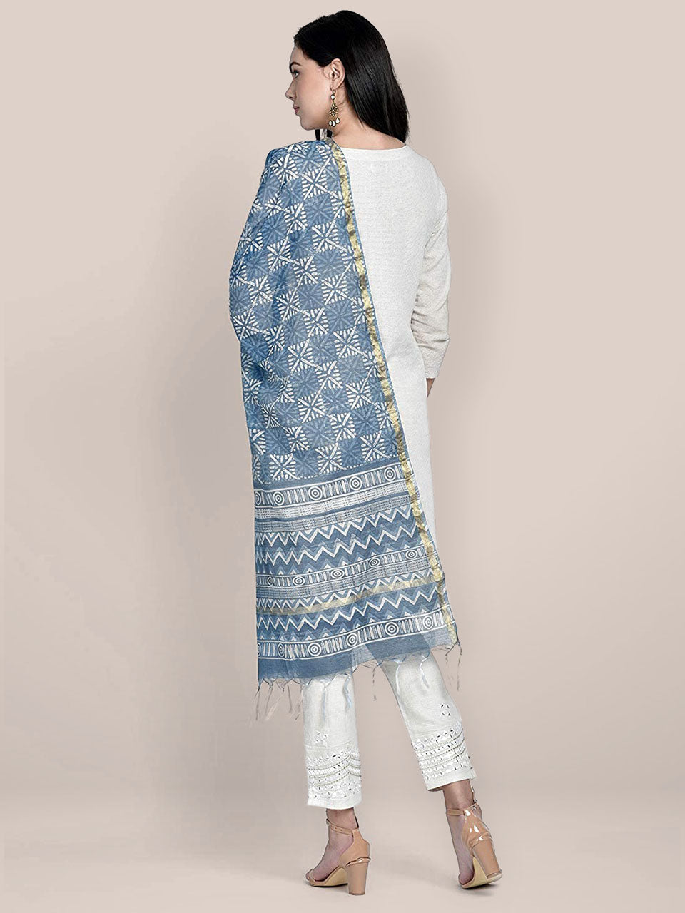 Indigo Block Printed Chanderi Silk Dupatta freeshipping - Dupatta Bazaar