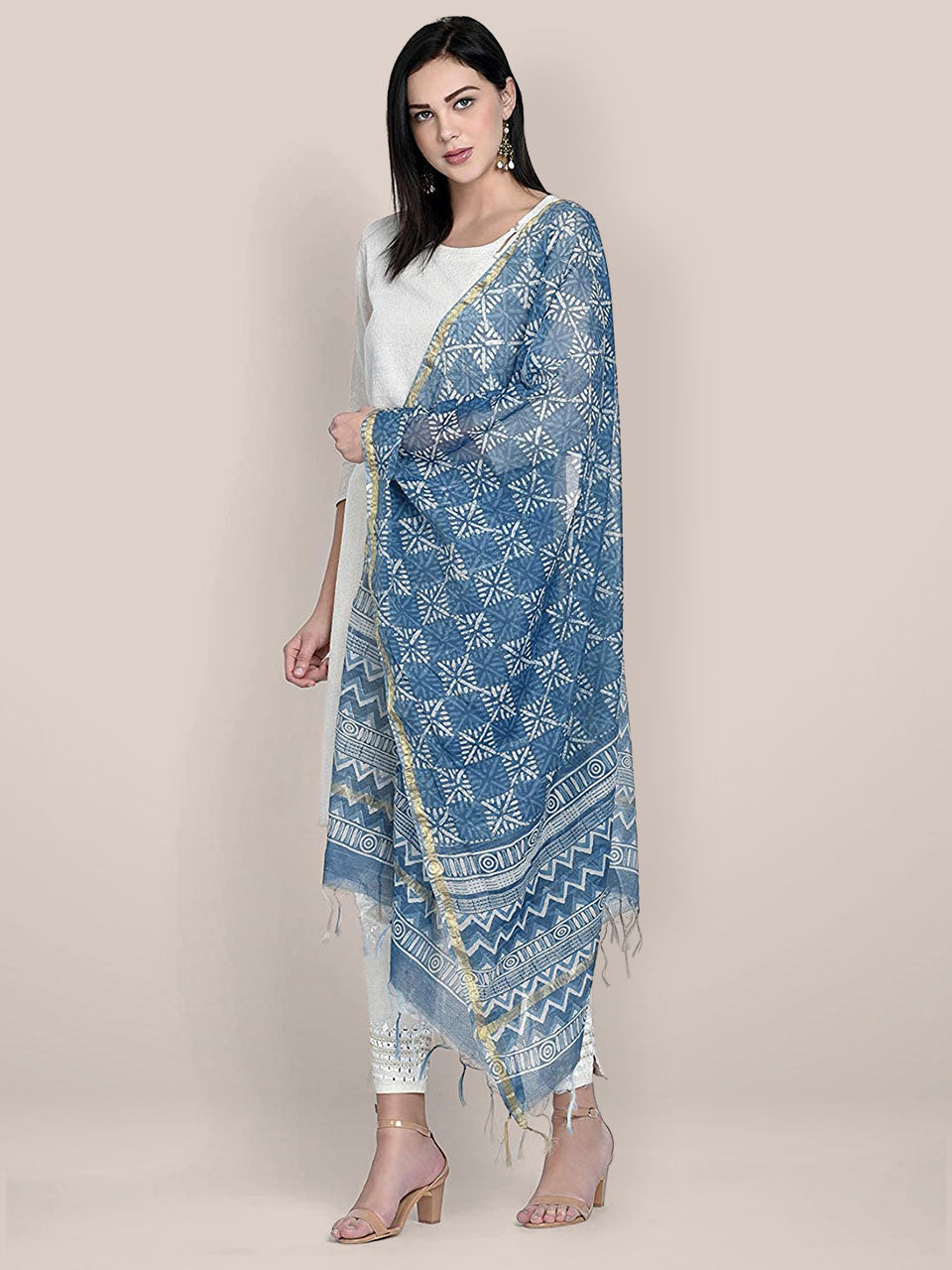 Indigo Block Printed Chanderi Silk Dupatta freeshipping - Dupatta Bazaar