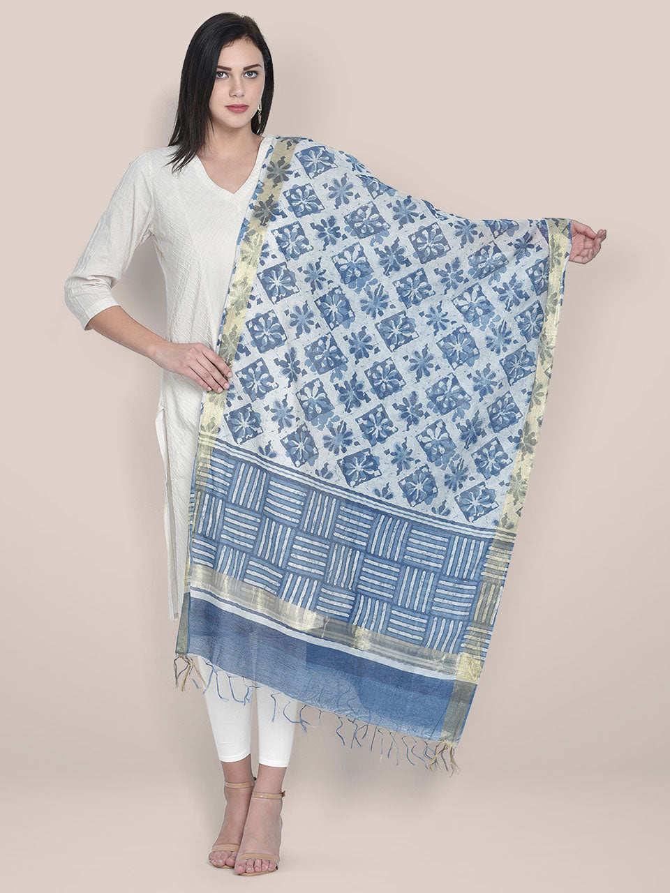 Indigo Block Printed Chanderi Silk Dupatta freeshipping - Dupatta Bazaar