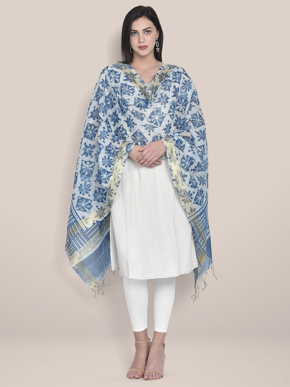 Indigo Block Printed Chanderi Silk Dupatta freeshipping - Dupatta Bazaar
