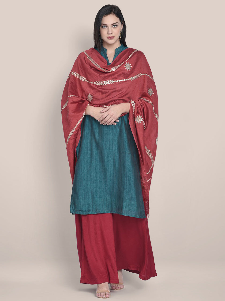 Maroon Cotton Silk Dupatta with Gotta Patti Work. freeshipping - Dupatta Bazaar