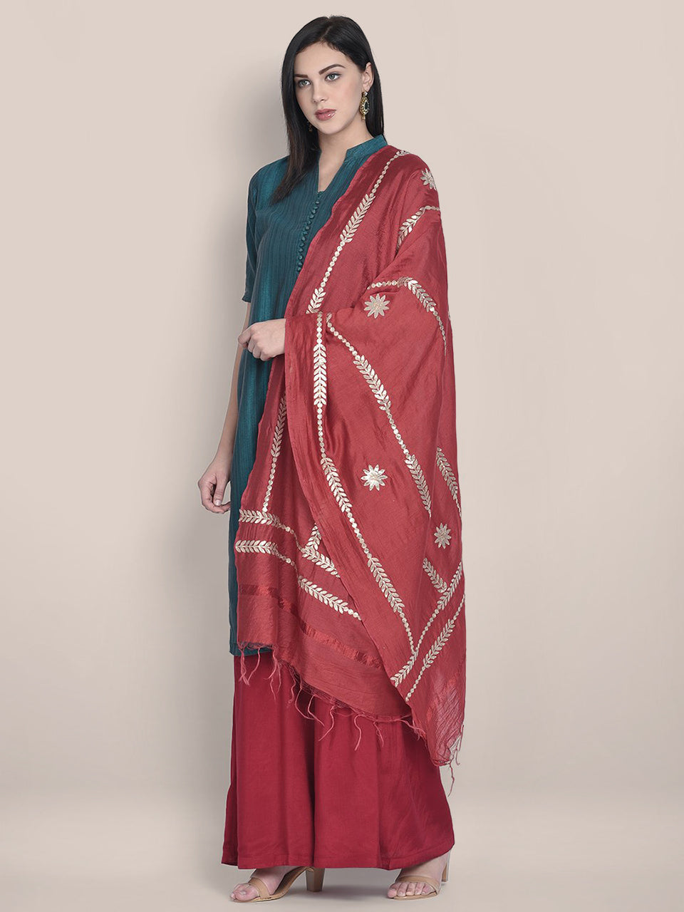 Maroon Cotton Silk Dupatta with Gotta Patti Work. freeshipping - Dupatta Bazaar