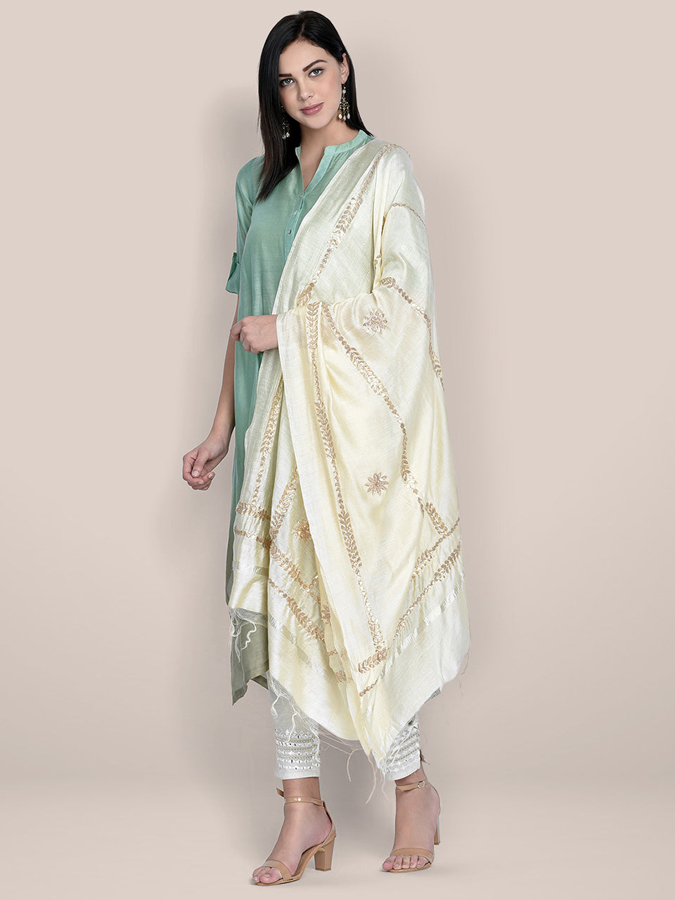 Dupatta Bazaar Woman's Off White Cotton Silk Dupatta with Gotta Patti Work. freeshipping - Dupatta Bazaar