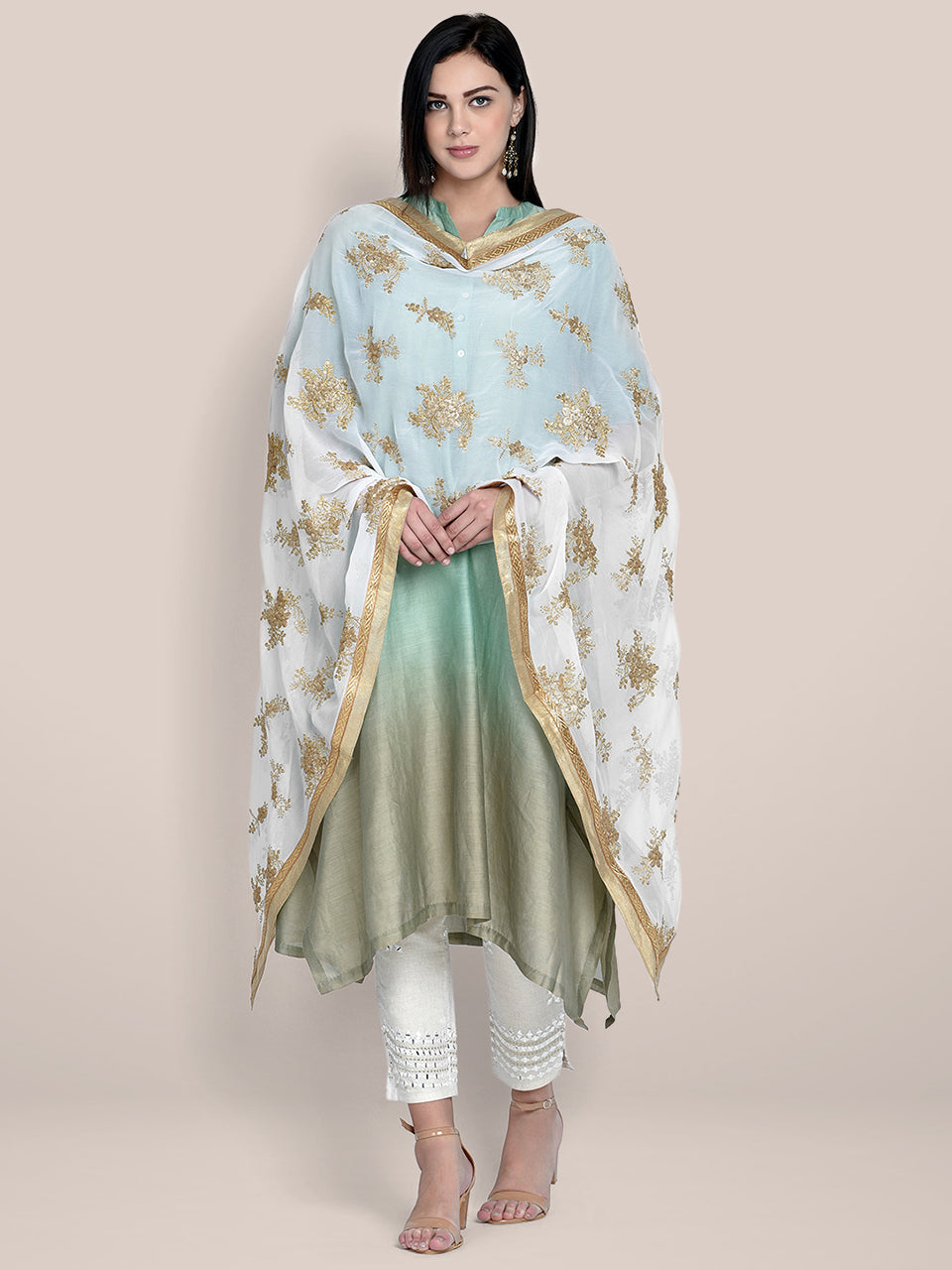 Embroidered White & Gold Georgette Dupatta freeshipping - Dupatta Bazaar