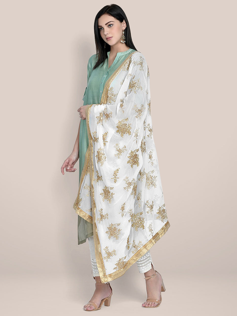 Embroidered White & Gold Georgette Dupatta freeshipping - Dupatta Bazaar