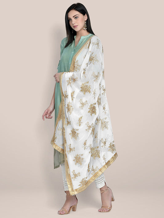 Embroidered White & Gold Georgette Dupatta freeshipping - Dupatta Bazaar
