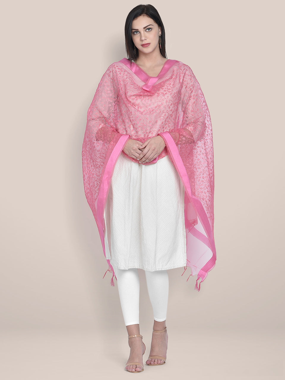 Embroidered Baby Pink Organza Dupatta freeshipping - Dupatta Bazaar