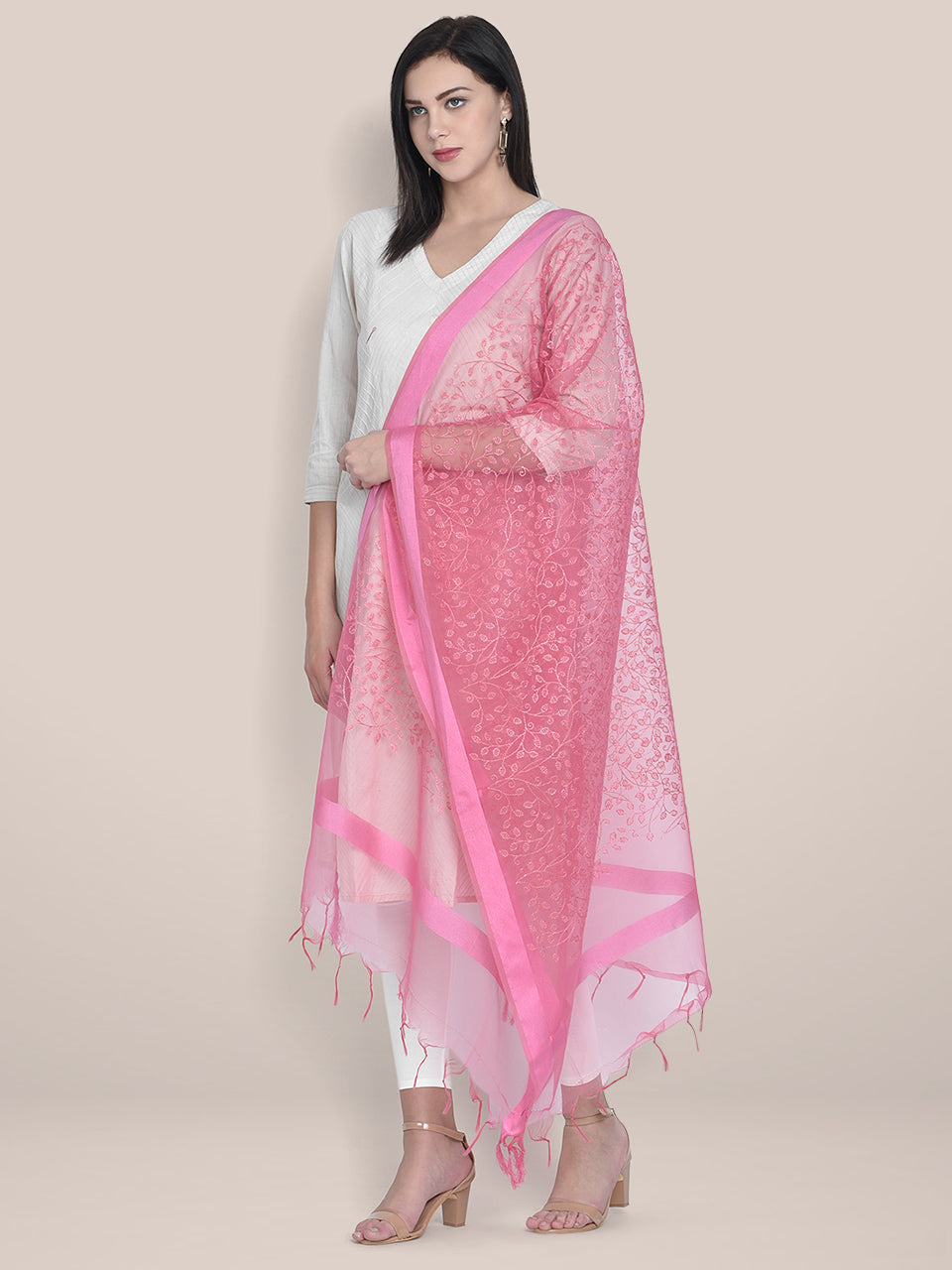 Embroidered Baby Pink Organza Dupatta freeshipping - Dupatta Bazaar