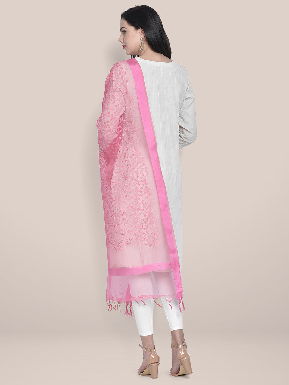 Embroidered Baby Pink Organza Dupatta freeshipping - Dupatta Bazaar