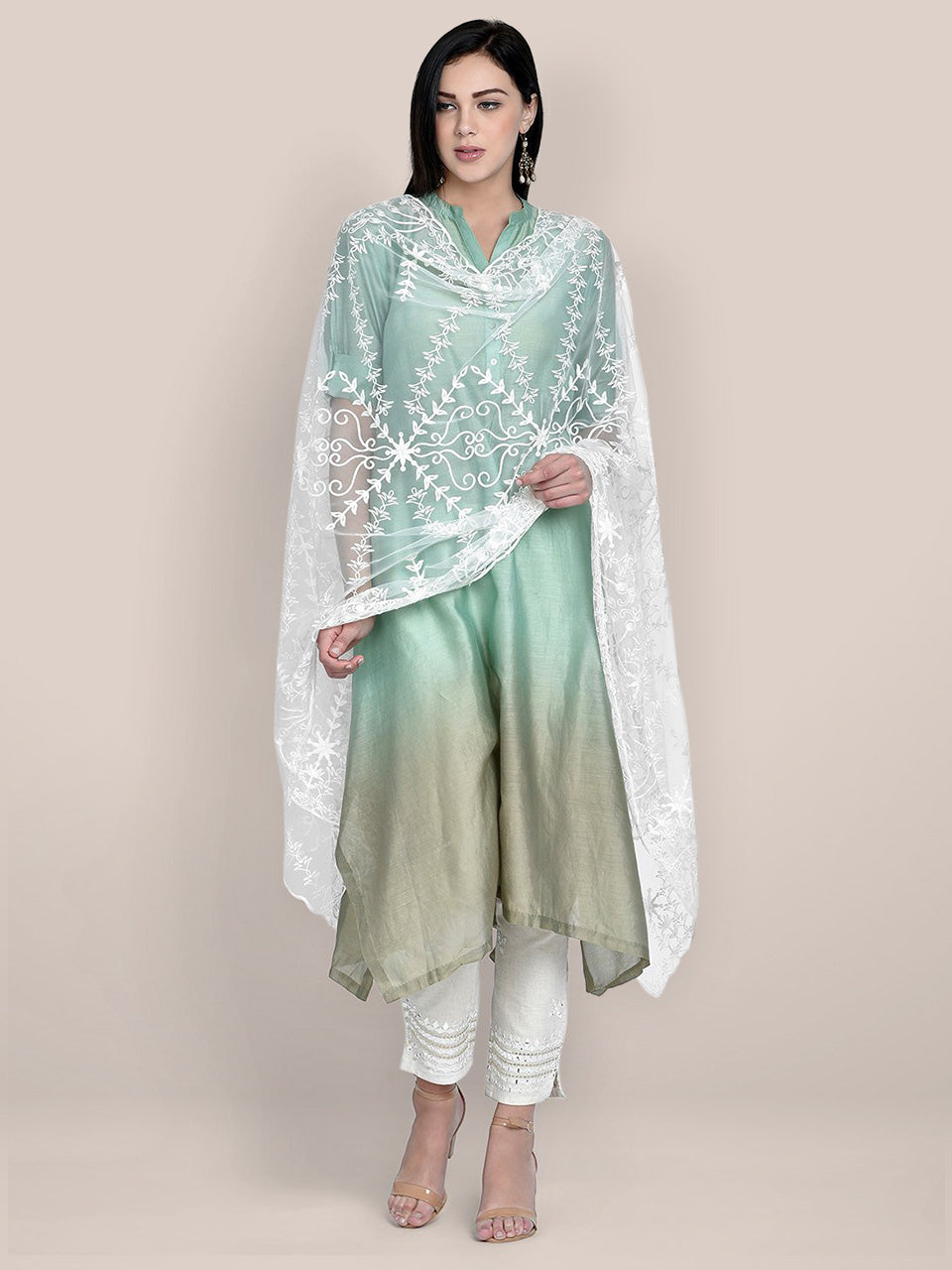 Embroidered White net Dupatta freeshipping - Dupatta Bazaar