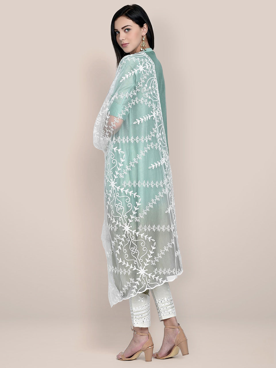 Embroidered White net Dupatta freeshipping - Dupatta Bazaar