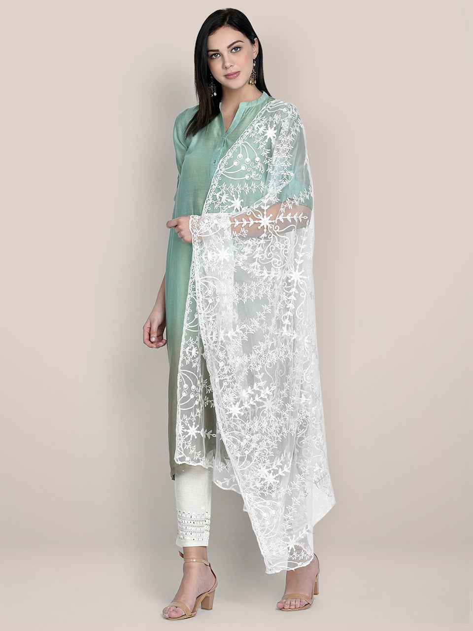 Embroidered White net Dupatta freeshipping - Dupatta Bazaar
