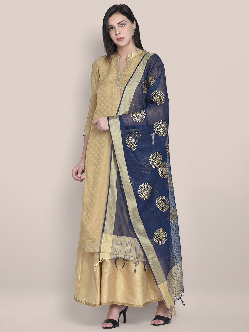 Dupatta Bazaar Woman's Embroidered Blue & Gold Blended Silk dupatta freeshipping - Dupatta Bazaar