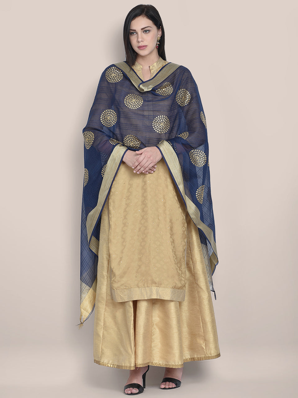 Dupatta Bazaar Woman's Embroidered Blue & Gold Blended Silk dupatta freeshipping - Dupatta Bazaar
