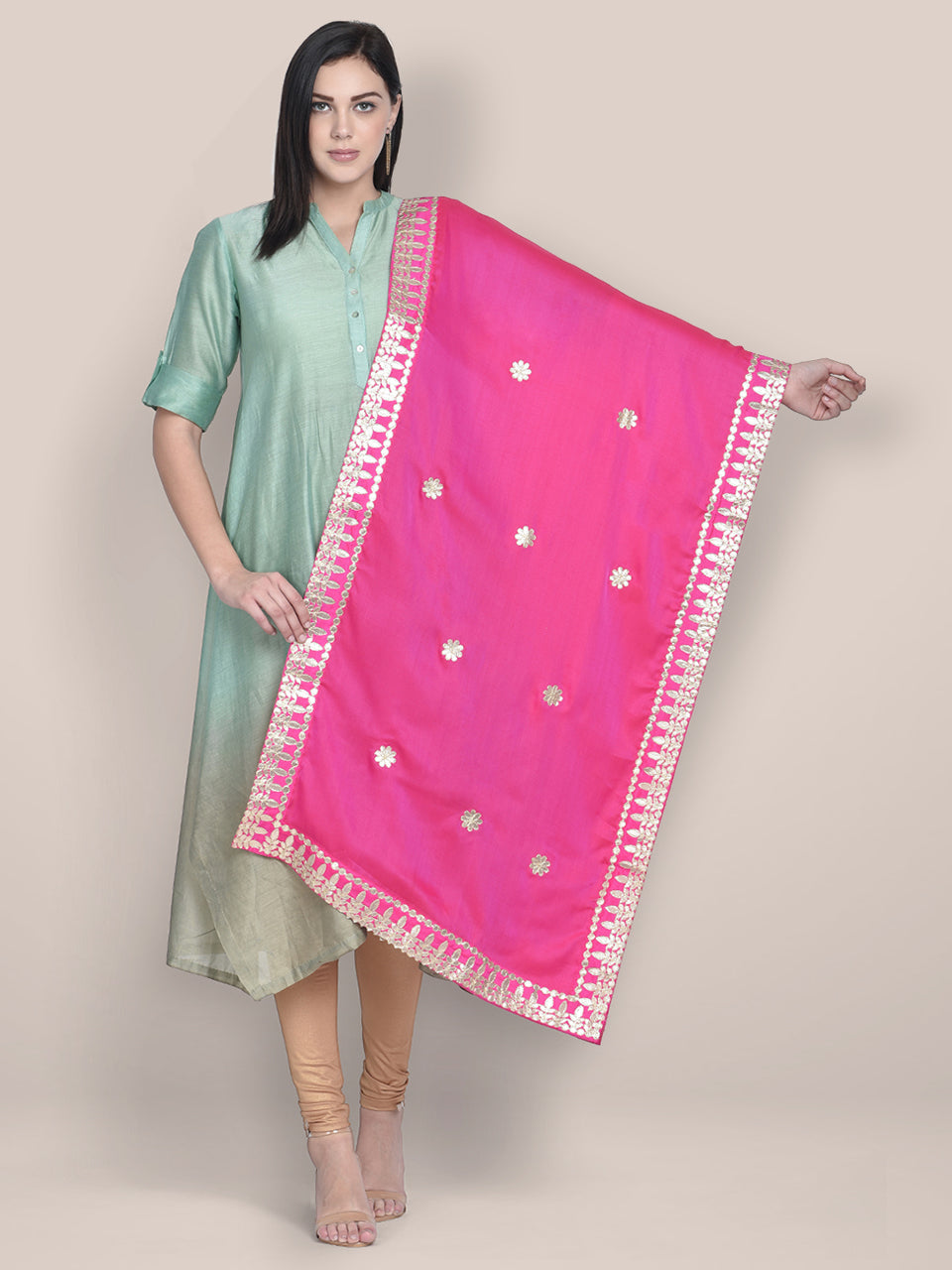 Dupatta Bazaar Woman's Pink & Gold Silk Dupatta with Gotta Patti Work. freeshipping - Dupatta Bazaar