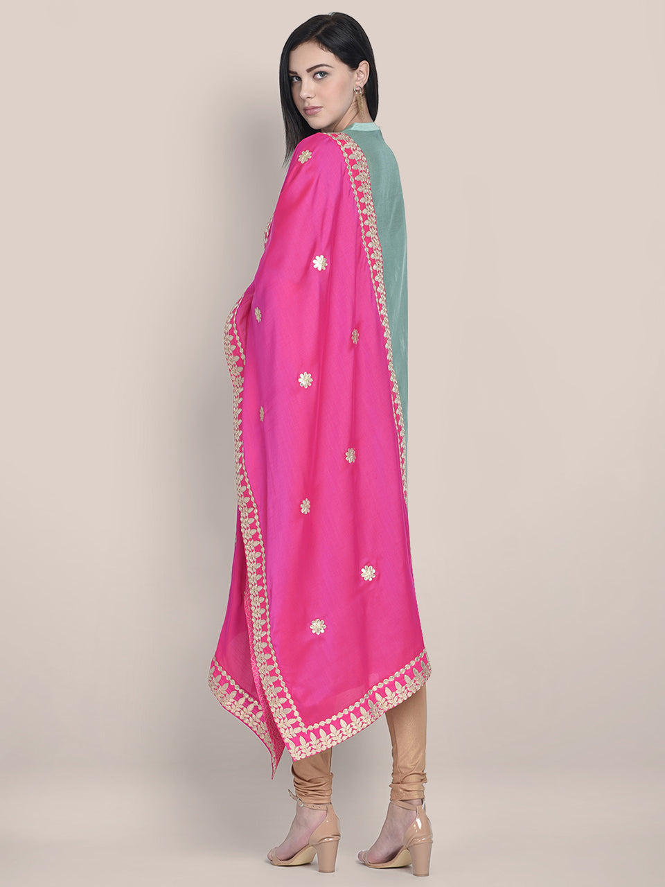 Dupatta Bazaar Woman's Pink & Gold Silk Dupatta with Gotta Patti Work. freeshipping - Dupatta Bazaar