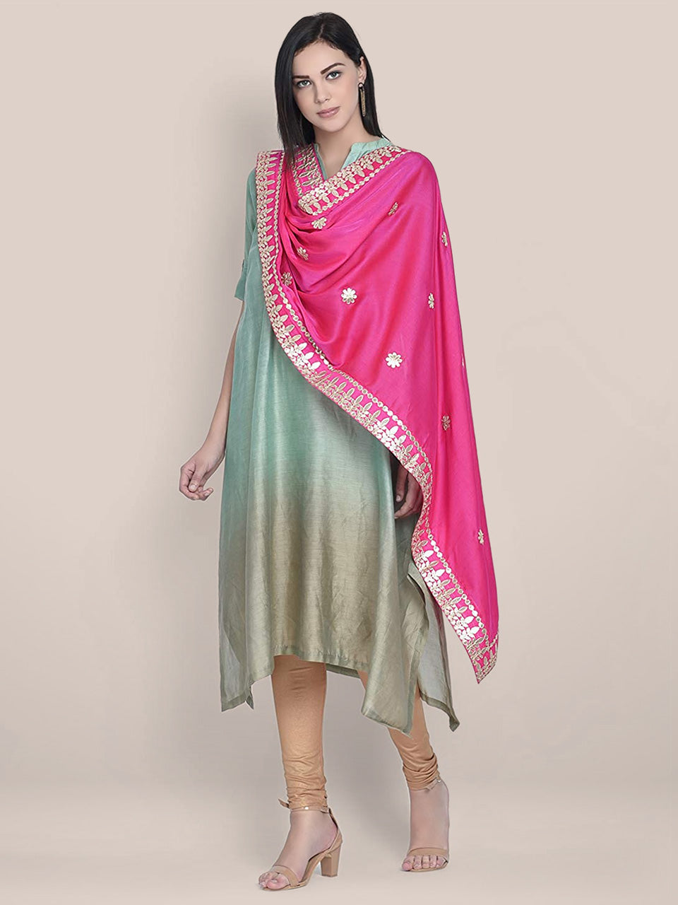 Dupatta Bazaar Woman's Pink & Gold Silk Dupatta with Gotta Patti Work. freeshipping - Dupatta Bazaar